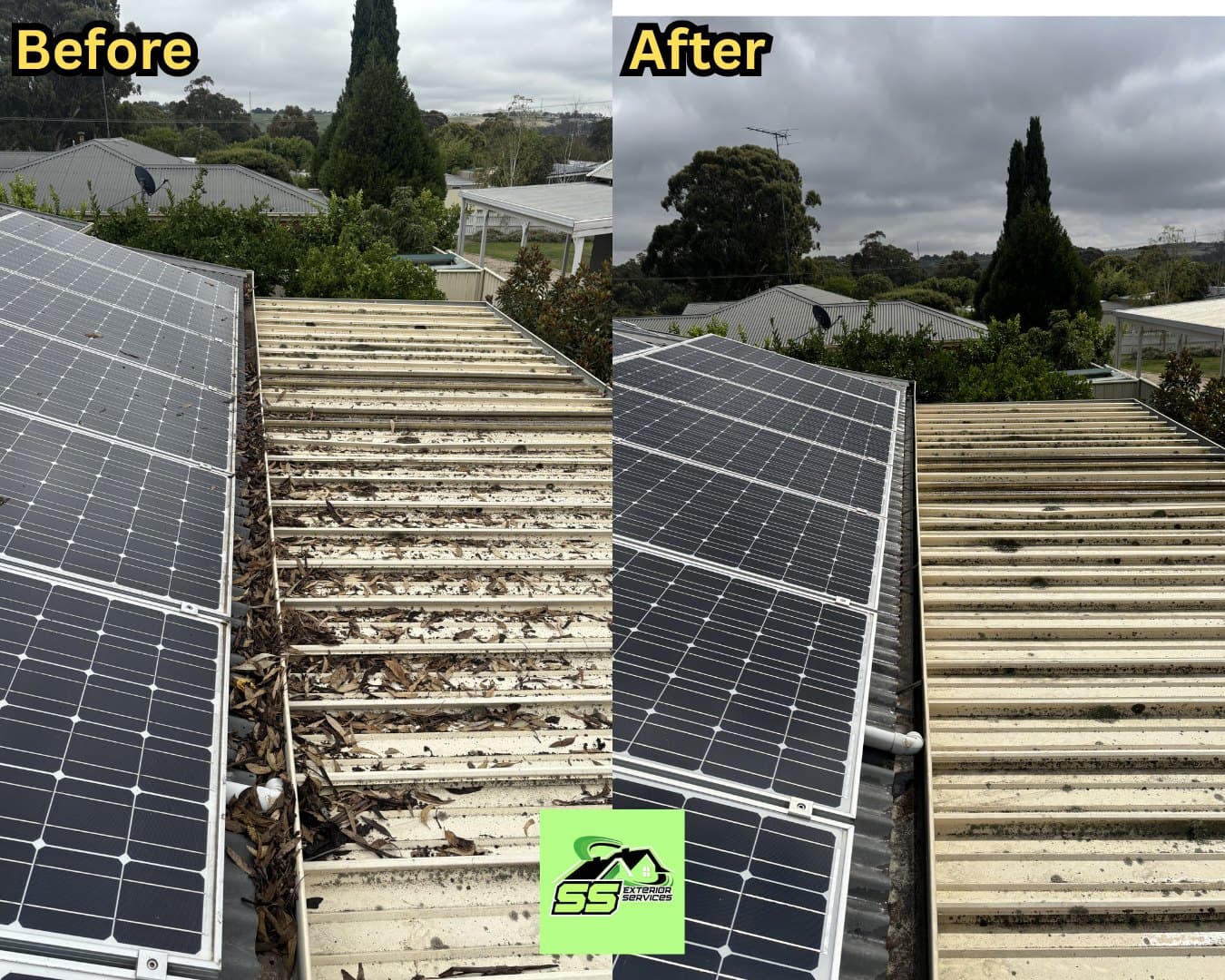Gutter cleaning before and after by SS Exterior Services in Broadford