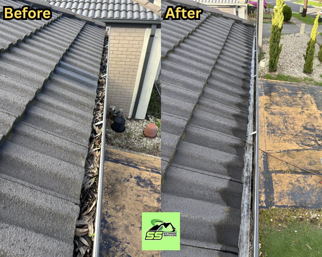 Gutter cleaning before and after by SS Exterior Services in Doreen