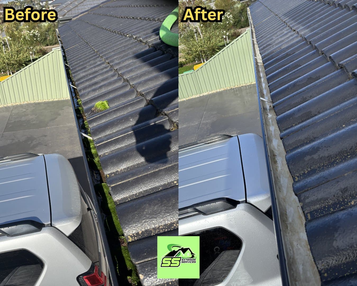 Gutter cleaning before and after by SS Exterior Services in Kilmore